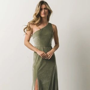 Green velvet one shoulder dress